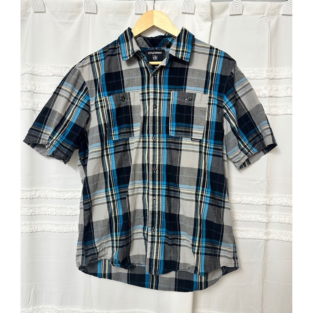 Ocean Current Mens Blue Greyā Plaid Short Sleeve Button Down Shirt Size Medium